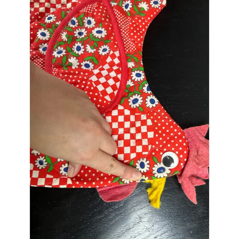 Cottage Quilted Red Chicken Rooster Kettle Cover Some Wear overall 12x8